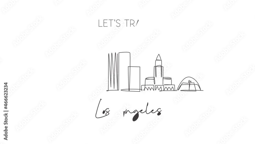 Animation of one line drawing of Los Angeles city skyline, USA. Historical town landscape in world. Best holiday destination poster. Editable continuous line self draw animated. Full length motion. Animation of one line drawing of Los Angeles city skyline, USA. Historical town landscape in world. Best holiday destination poster. Editable continuous line self draw animated. Full length motion.
