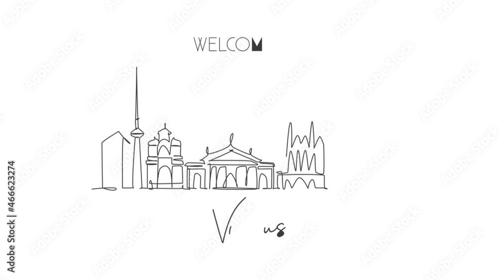 Animation of one line drawing of Vilnius city skyline, Lithuania. Historical town landscape in world. Best holiday destination poster. Editable continuous line self draw animated. Full length motion. Animation of one line drawing of Vilnius city skyline, Lithuania. Historical town landscape in world. Best holiday destination poster. Editable continuous line self draw animated. Full length motion.