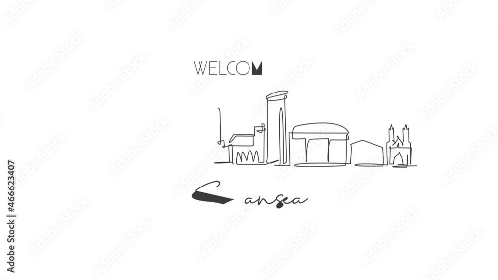 Animated self drawing of single continuous line draw Swansea city skyline, United Kingdom. Famous city landscape. World travel concept home wall decor poster print art. Full length one line animation. Animated self drawing of single continuous line draw Swansea city skyline, United Kingdom. Famous city landscape. World travel concept home wall decor poster print art. Full length one line animation.