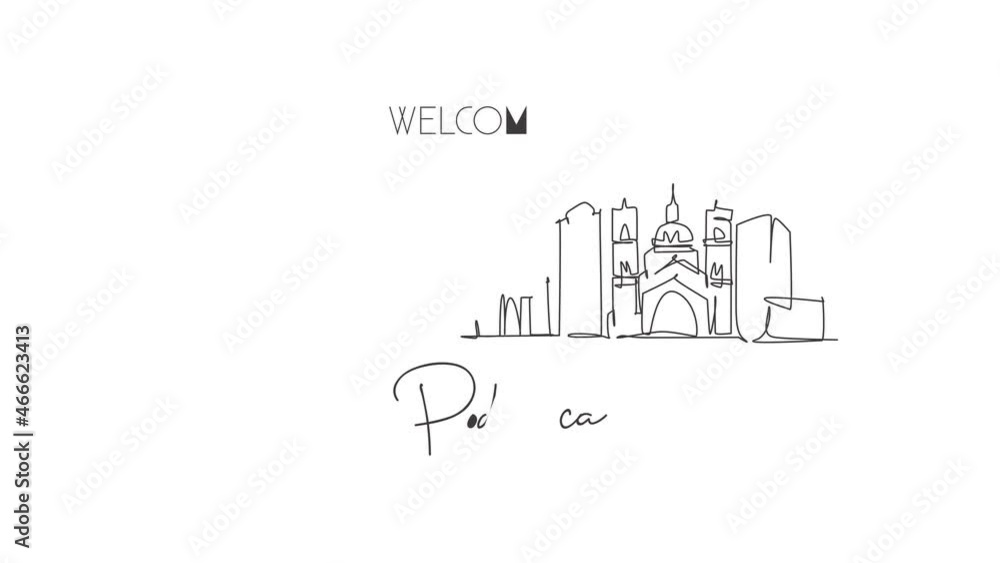 Animated self drawing of one continuous line draw Podgorica city skyline, Montenegro. Beautiful landmark. World landscape tourism travel wall decor poster print art. Full length single line animation. Animated self drawing of one continuous line draw Podgorica city skyline, Montenegro. Beautiful landmark. World landscape tourism travel wall decor poster print art. Full length single line animation.