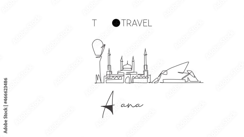 Animated self drawing of one continuous line draw Astana city skyline, Kazakhstan. Beautiful landmark. World landscape tourism travel vacation poster. Editable full length single line animation. Animated self drawing of one continuous line draw Astana city skyline, Kazakhstan. Beautiful landmark. World landscape tourism travel vacation poster. Editable full length single line animation.