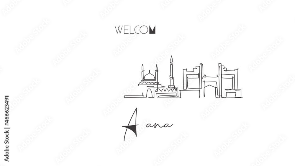 Animated self drawing of continuous line draw Nur Sultan, Astana city skyline, Kazakhstan. Famous city landscape. World travel concept home wall decor poster print. Full length one line animation. Animated self drawing of continuous line draw Nur Sultan, Astana city skyline, Kazakhstan. Famous city landscape. World travel concept home wall decor poster print. Full length one line animation.