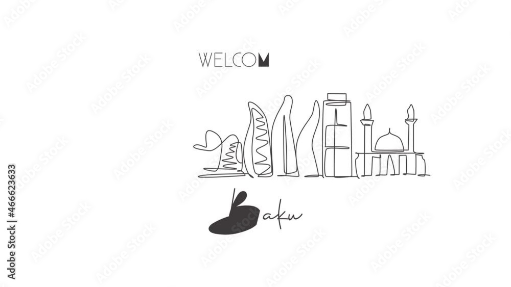 Animation of one line drawing of Baku city skyline, Azerbaijan. Historical town landscape in world. Best holiday destination wall decor poster. Continuous line self draw animated. Full length motion. Animation of one line drawing of Baku city skyline, Azerbaijan. Historical town landscape in world. Best holiday destination wall decor poster. Continuous line self draw animated. Full length motion.
