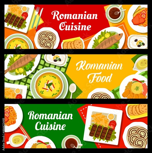 Romanian cuisine banners. Stuffed cabbage rolls, vegetable soup Ciorba and grilled trout Pastrav la gratar, grilled beef Pljeskavica, walnut rolls Cozonac and bean stew, cheese pepper spread Korozott photo