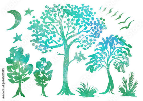 Watercolor artistic multicolor night forest landscape on white background. Doodle and scribble. Blue  turquoise and green gradient Watercolour tree  moon  birds  star  grass and bush for postcard and