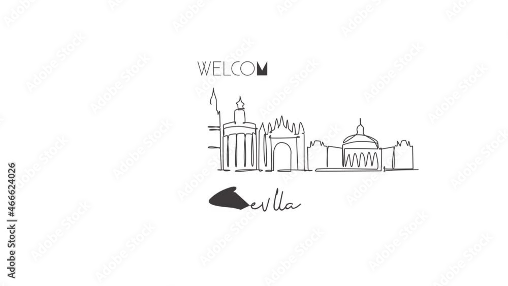 Animated self drawing of continuous line draw Sevilla city skyline, Spain. Beautiful skyscraper. World landscape tourism travel vacation wall decor poster concept. Full length single line animation. Animated self drawing of continuous line draw Sevilla city skyline, Spain. Beautiful skyscraper. World landscape tourism travel vacation wall decor poster concept. Full length single line animation.