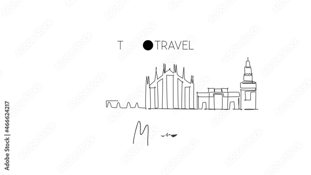 Animated self drawing of one continuous line draw Milan city skyline, Italy. Beautiful skyscraper. World landscape tourism travel vacation wall decor poster concept. Full length single line animation. Animated self drawing of one continuous line draw Milan city skyline, Italy. Beautiful skyscraper. World landscape tourism travel vacation wall decor poster concept. Full length single line animation.