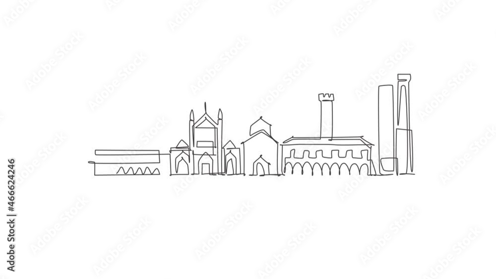 Animation of one line drawing of Bologna city skyline, Italy. Historical skyscraper landscape in world. Best holiday destination wall poster art. Continuous line self draw animated. Full length motion Animation of one line drawing of Bologna city skyline, Italy. Historical skyscraper landscape in world. Best holiday destination wall poster art. Continuous line self draw animated. Full length motion