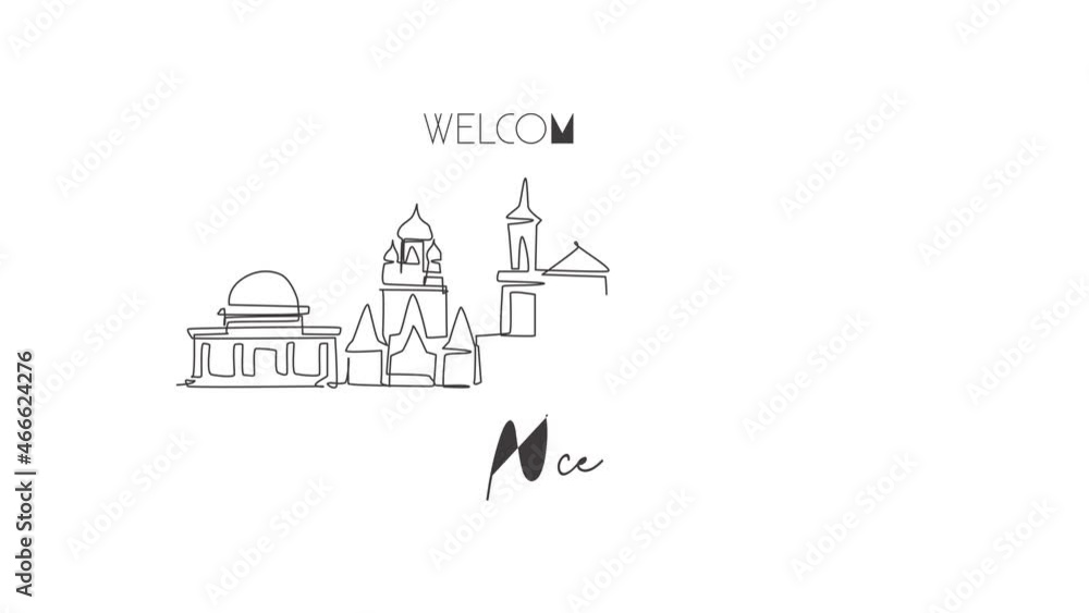 Animation of one line drawing of Nice city skyline, France. Historical skyscraper landscape in world. Best holiday destination home wall poster. Continuous line self draw animated. Full length motion. Animation of one line drawing of Nice city skyline, France. Historical skyscraper landscape in world. Best holiday destination home wall poster. Continuous line self draw animated. Full length motion.