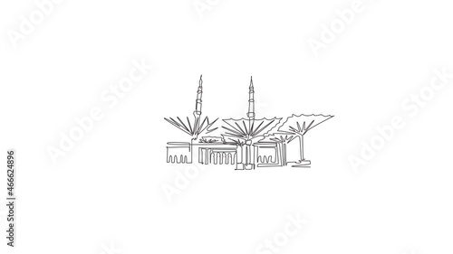 Animation of one line drawing Masjid Al Nabawi landmark. Famous holy iconic in Medina Saudi Arab. Hajj umrah travel wall decor poster concept. Continuous line self draw animated. Full length motion. photo