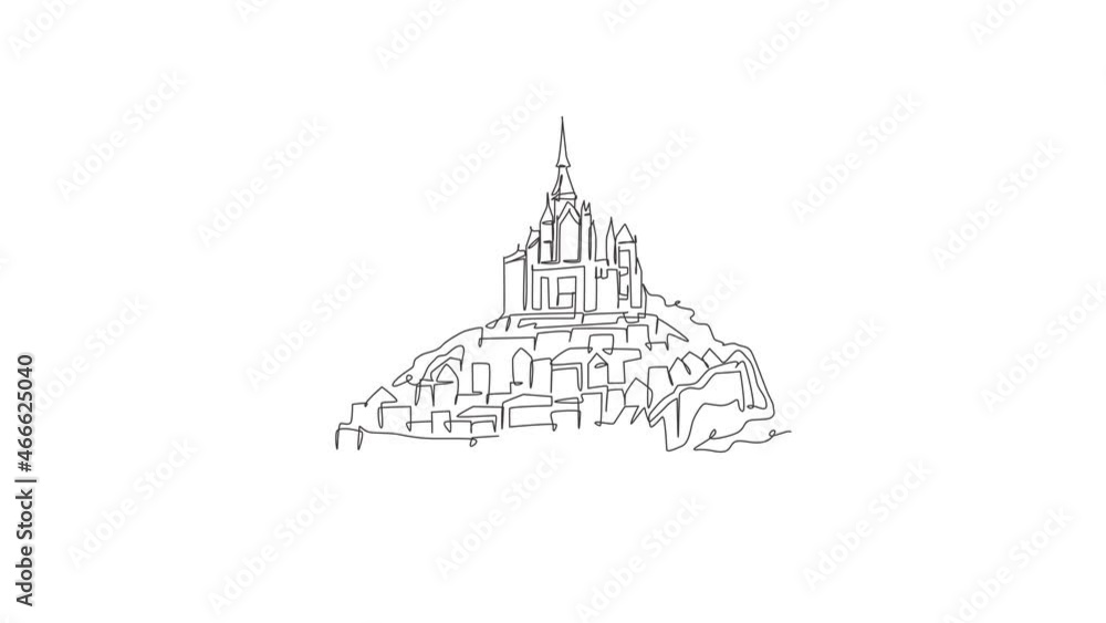 Animated self drawing of continuous line draw Le Mont Saint Michel landmark. World iconic place in Normandy, France. Holiday vacation wall decor poster print concept. Full length single line animation Animated self drawing of continuous line draw Le Mont Saint Michel landmark. World iconic place in Normandy, France. Holiday vacation wall decor poster print concept. Full length single line animation