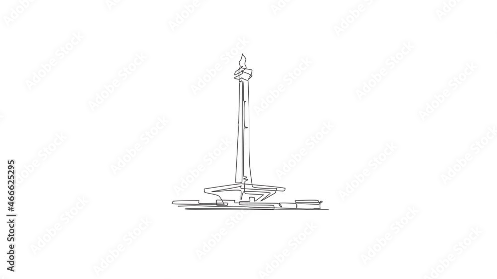 Self drawing animation of single line draw Monas landmark. World iconic famous place in Jakarta, Indonesia. Tourism travel postcard wall decor poster art concept. Full length animated illustration. Self drawing animation of single line draw Monas landmark. World iconic famous place in Jakarta, Indonesia. Tourism travel postcard wall decor poster art concept. Full length animated illustration.