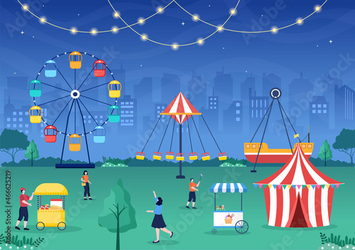Summer Fair with Carnival, Circus, Funfair or Amusement Park. Landscape of Carousels, Roller Coaster, Air Balloon and Playground Vector Illustration