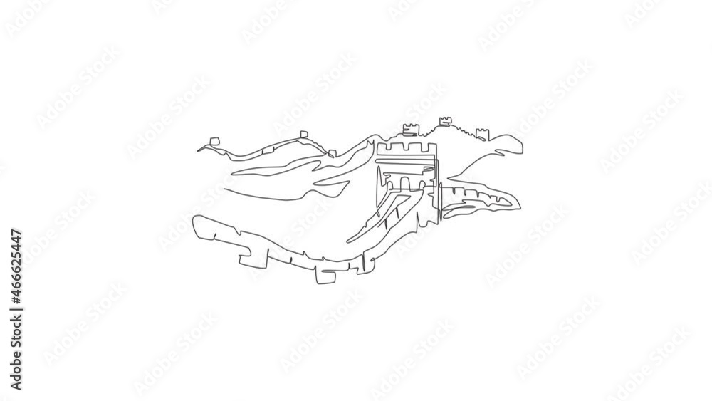 Animated self drawing of continuous line draw Great Wall of Badaling landmark. World famous place in Beijing, China. Holiday home decor wall art poster print concept. Full length single line animation Animated self drawing of continuous line draw Great Wall of Badaling landmark. World famous place in Beijing, China. Holiday home decor wall art poster print concept. Full length single line animation