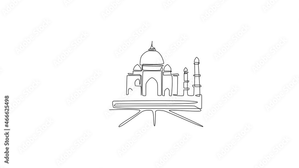 Animation of one line drawing Taj Mahal mosque. Beauty historical iconic place in Agra, India wall decor art. Tourism travel postcard concept. Continuous line self draw animated. Full length motion. Animation of one line drawing Taj Mahal mosque. Beauty historical iconic place in Agra, India wall decor art. Tourism travel postcard concept. Continuous line self draw animated. Full length motion.
