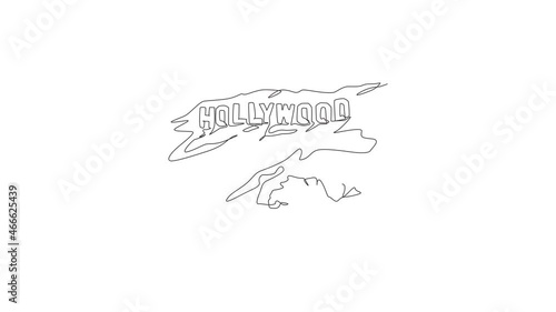 Animated self drawing of continuous line draw Hollywood sign landmark. Famous place in Los Angeles, California, US. Home decor wall art poster print. Full length single line animation illustration.
