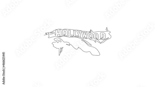 Animated self drawing of one continuous line draw Hollywood sign landmark. World iconic place in California, USA. Holiday vacation wall decor poster print concept. Full length single line animation.