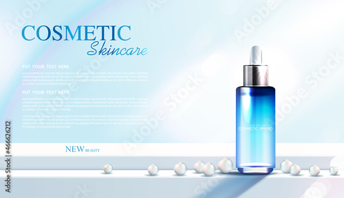 Cosmetics or skin care product ads with bottle, banner ad for beauty products, leaf and pearl background glittering light effect. vector design