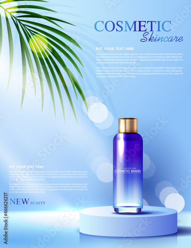 Cosmetics or skin care product ads with bottle, banner ad for beauty products and leaf background glittering light effect. vector design