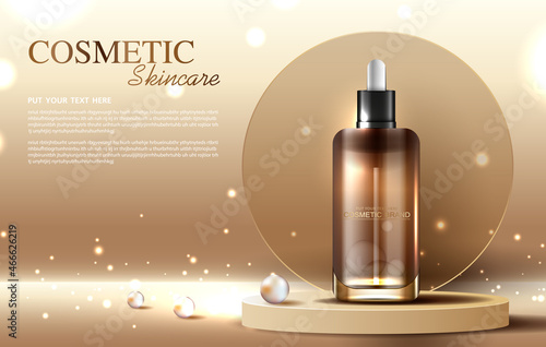 Cosmetics or skin care product ads with bottle, banner ad for beauty products, leaf and pearl background glittering light effect. vector design