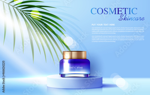Cosmetics or skin care product ads with bottle, banner ad for beauty products and leaf background glittering light effect. vector design