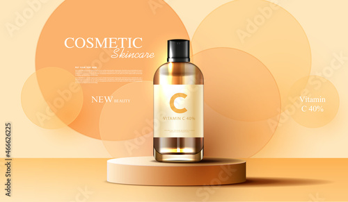 Cosmetics Vitamin C or skin care product ads with bottle, banner ad for beauty products and sky background glittering light effect. vector design photo