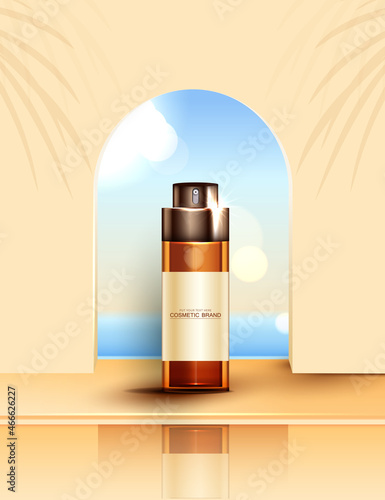 Cosmetics Vitamin C or skin care product ads with bottle, banner ad for beauty products and sky background glittering light effect. vector design