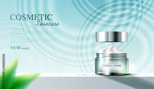 Cosmetic essence or skin care  product ads with bottle, banner ad for beauty products and splashes background glittering light effect. vector design
