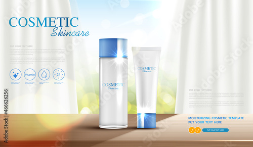 Cosmetics or skin care product ads with bottle, banner ad for beauty products, wooden surface in front of window and curtain on background for natural product display. vector design