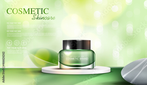 Refreshing green tea cosmetics or skin care product ads with bottle, banner ad for beauty products, stone and flying leaves on background glittering light effect. vector design