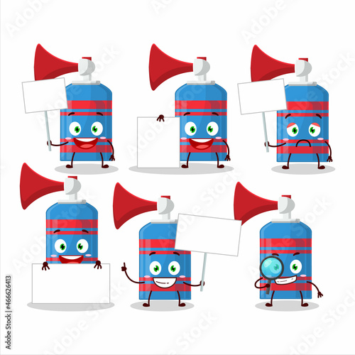 Blue air horn cartoon character bring information board