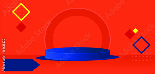 3D rendering of a blue and orange podium for filling text and products. orange orange background. minimalist trend background circle

