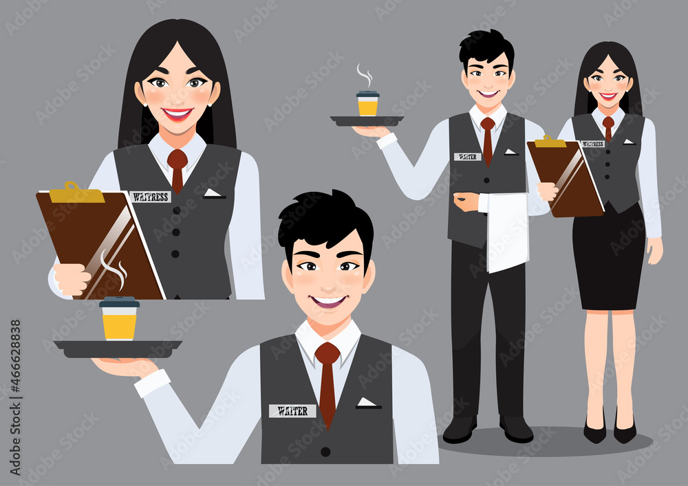 Professional Waiter And Waitress standing together. Restaurant Team Concept Cartoon Character Vector Professional Waiter And Waitress standing together. Restaurant Team Concept Cartoon Character Vector