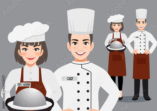 Professional chef. Chief-cooker with assistants standing together. Kitchen Team Concept Cartoon Character Vector