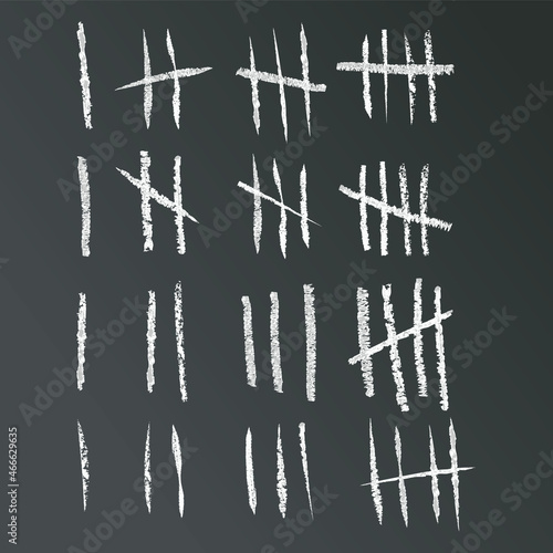 Tally marks. Counting chalk signs on the walls of the prison. Notches for marking the days.