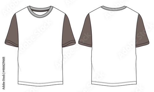 Two tone White, Khaki Color Regular fit short Sleeve basic T shirt Technical Fashion Flat sketch Vector Illustration Template Front, back views. Apparel design Mock up drawing illustration. 