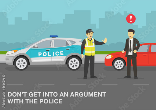 Police officer stops a red sedan car to check on driver's documents.Angry driver is about to fight with police.Don't get into an argument with police.Traffic speed control.Flat vector illustration.