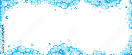 Soap foam with bubbles. Frame of cartoon shampoo and soap foam suds. Vector illustration