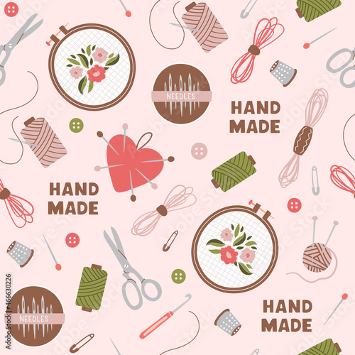 Colorful seamless pattern of sewing tools for embroidery and text on pink background. Trendy hand drawn vector illustration. 