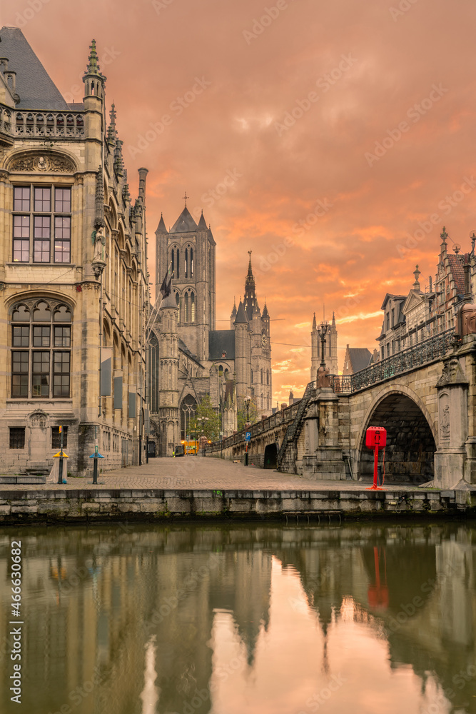 Graslei with the towers of Ghent