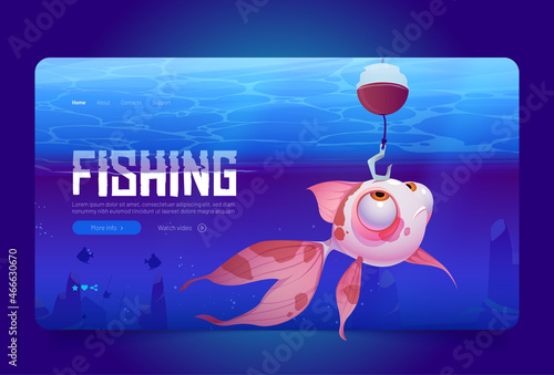 Fishing cartoon landing page, cute fish looking on hook underwater sea view, funny character catch bait at blue ocean water surface. Game scene, fisherman club sport competition, Vector web banner