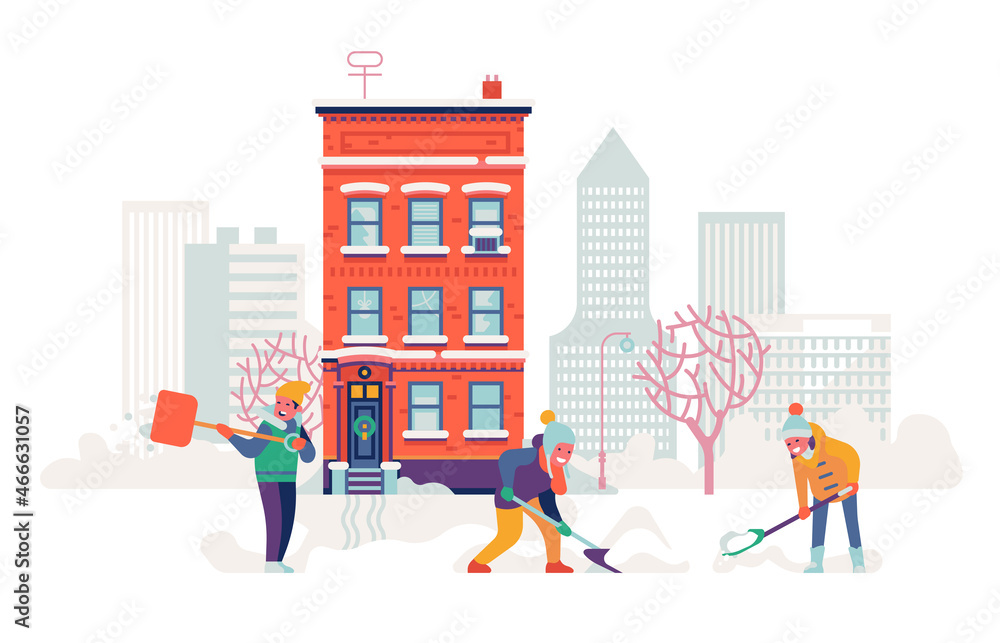 People shoveling snow. Colorful vector illustration showing snowy winter in town with cheerful neighbors clearing the street from snow with shovels wearing warm winter clothes. Snowdrift during winter