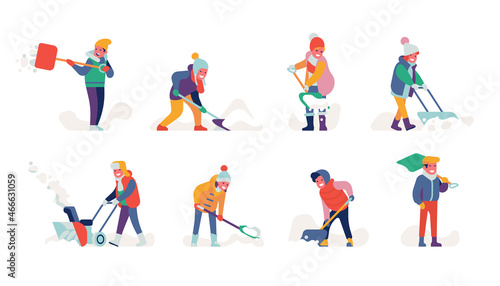 Set of flat vector cheerful happy characters on winter snow shoveling. A collection of minimalist styled colorful people working with shovels clearing snowdrift streets wearing winter clothes photo