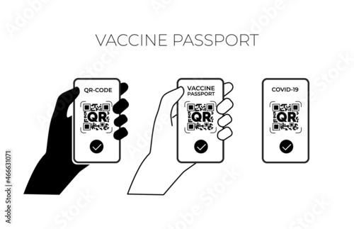 The hand shows the vaccination certificate icon on the phone. Vector illustration on a white background.