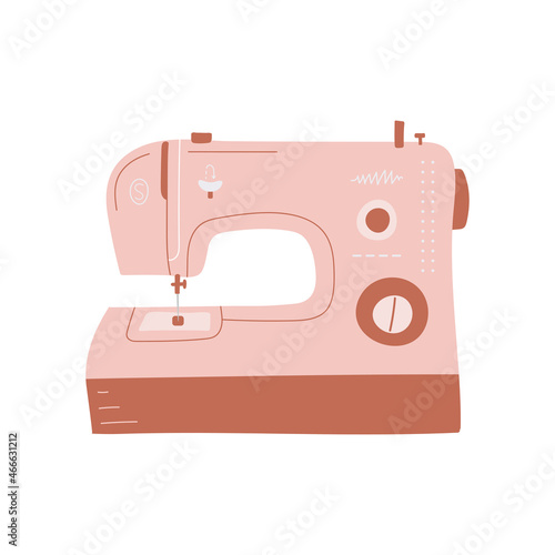 Trendy cute pink sewing machine isolated on white background. Vector flat illustration 