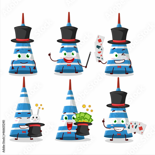 A blue long trumpet Magician cartoon character perform on a stage