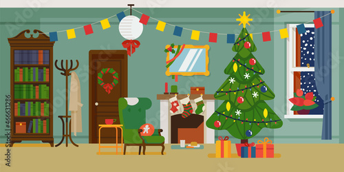 Winter holidays decorated living room interior flat style vector illustration. Sitting room scene with fireplace, door, window, bookcase with Christmas items: xmas tree, garlands, socks, gifts, wreath