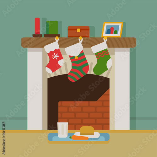 Cute flat style illustration on winter holidays scene with fireplace decorated with Christmas socks, festive candles and a tray with drink and a pie for father Christmas and a carrot for reindeer