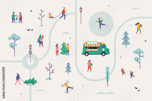 Winter in the park. People enjoying nature in snowy winter weather: walking, playing snowballs, preparing for holidays, building snowman, riding toboggan, ice skating and more