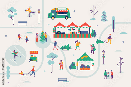 Winter festival concept illustration with people enjoying nature in snowy weather, ice skating, tobogganing, playing snow balls, preparing for holidays; Christmas market or fair in winter season park 